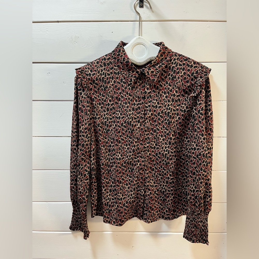 LOFTY MANNER Leopard Print Blouse – Burgundy & Black Ruffle Detail – Size XL